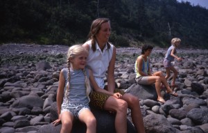 Novia Scotia beach. Foreground, Molly and Claire - background, Anne and Alice. (July 1972)